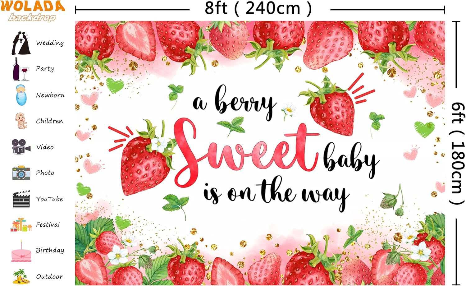 WOLADA Telón de fondo para baby shower de fresa de 8 x 6 pies, regalo de bebé de fresa, telón de fondo de foto de fiesta de fiesta A Berry Sweet