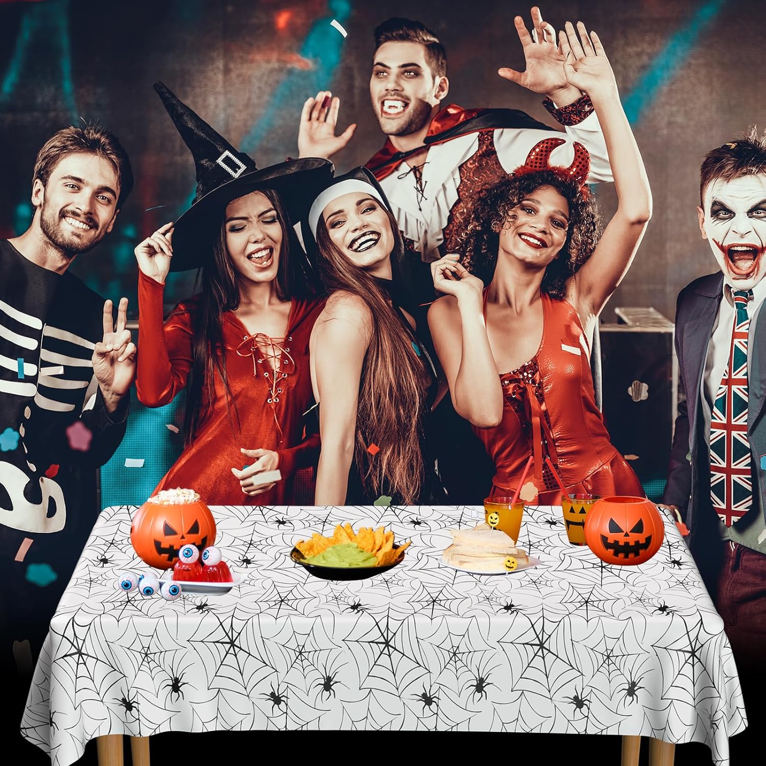 PLULON Paquete de 2 manteles de Halloween de 54 x 108 pulgadas, mantel de plástico de tela de araña para decoración de mesa de cena de vacaciones,