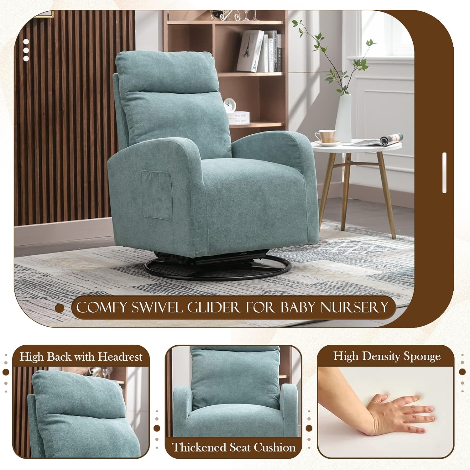 KINFFICT Silla giratoria moderna, mecedora tapizada para el cuarto del bebé, cómoda silla mecedora con respaldo alto con bolsillo lateral y