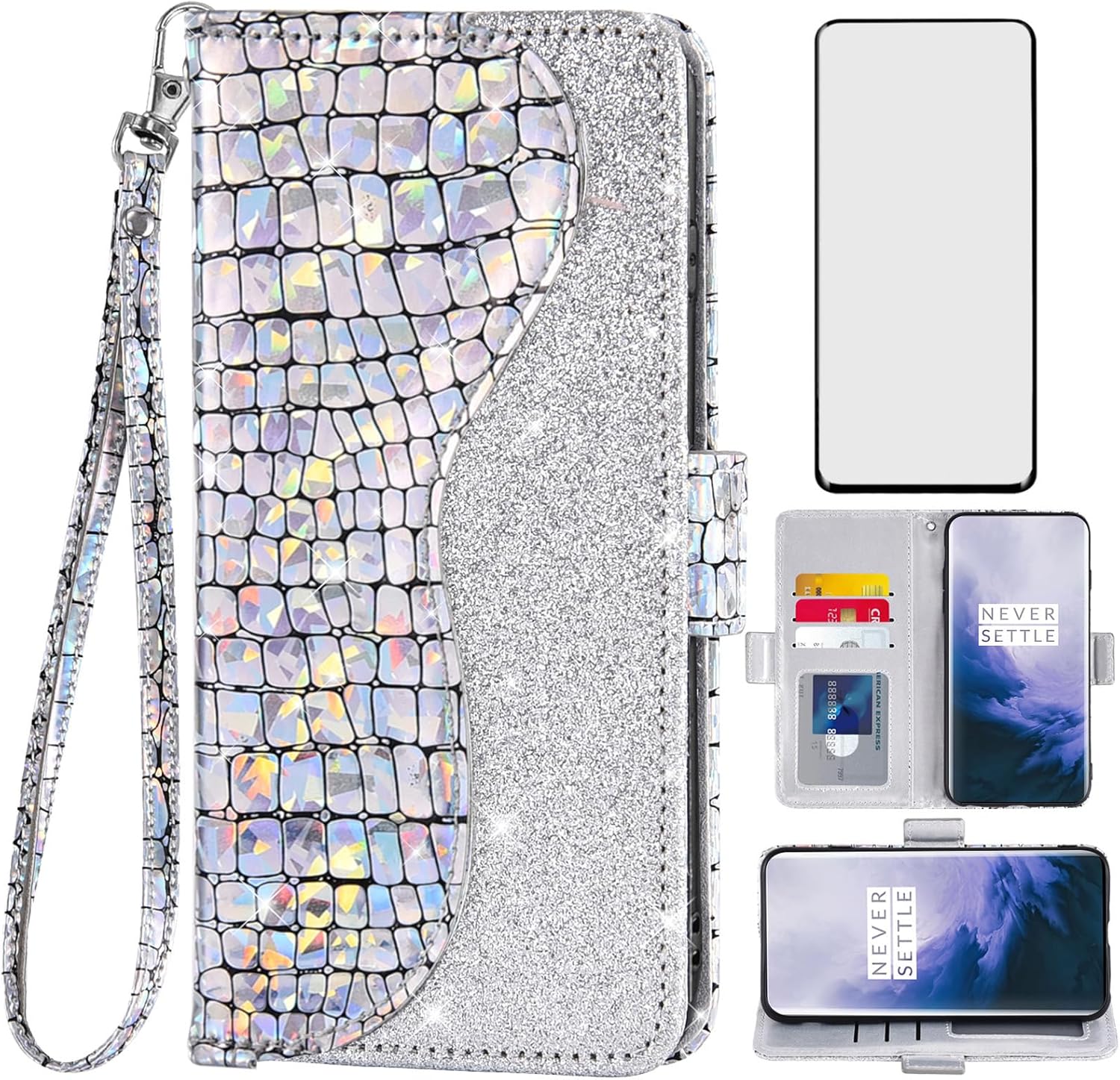 Asuwish Funda para teléfono para OnePlus 7 Pro con protector de pantalla y tarjetero con purpurina brillante para OnePlus7Pro 5G One Plus 1+7 1Plus