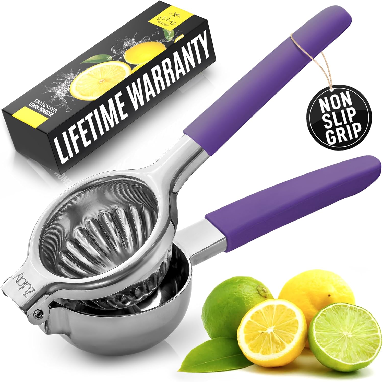 Zulay – Exprimidor de limón de acero inoxidable con cuenco exprimidor de metal sólido de alta calidad y asas de silicona de grado alimenticio,