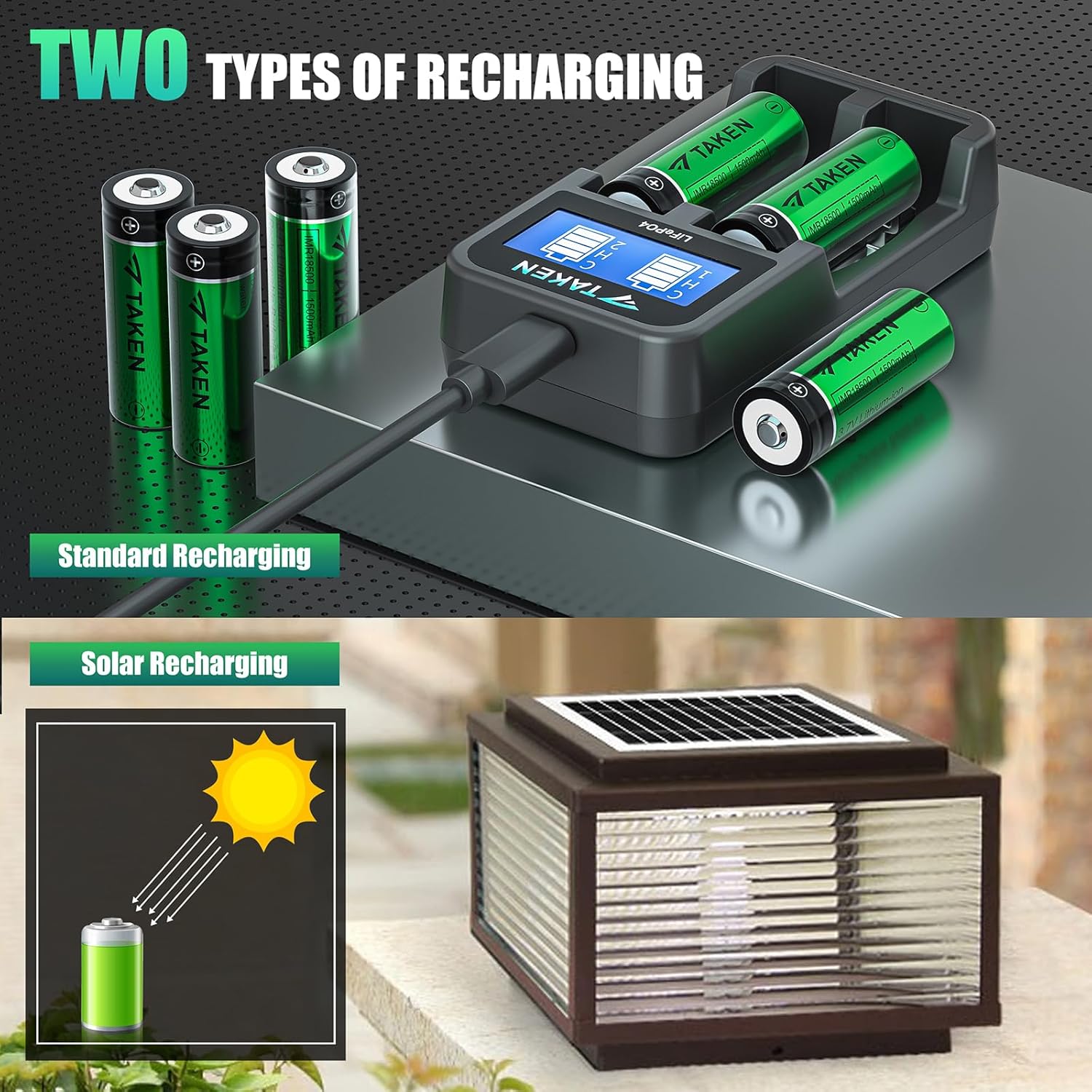 Taken Batería recargable de iones de litio 18500 con cargador, IMR 18500 3.7V 1500mAh batería recargable con botón superior, paquete de 4 baterías