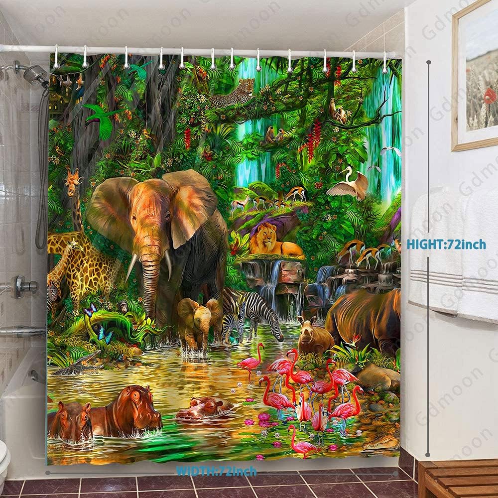 Cortina de ducha de animales de selva tropical, selva, elefante, león, flamenco, jirafa, cebra, mono, rinoceronte, vida silvestre, zoológico, para