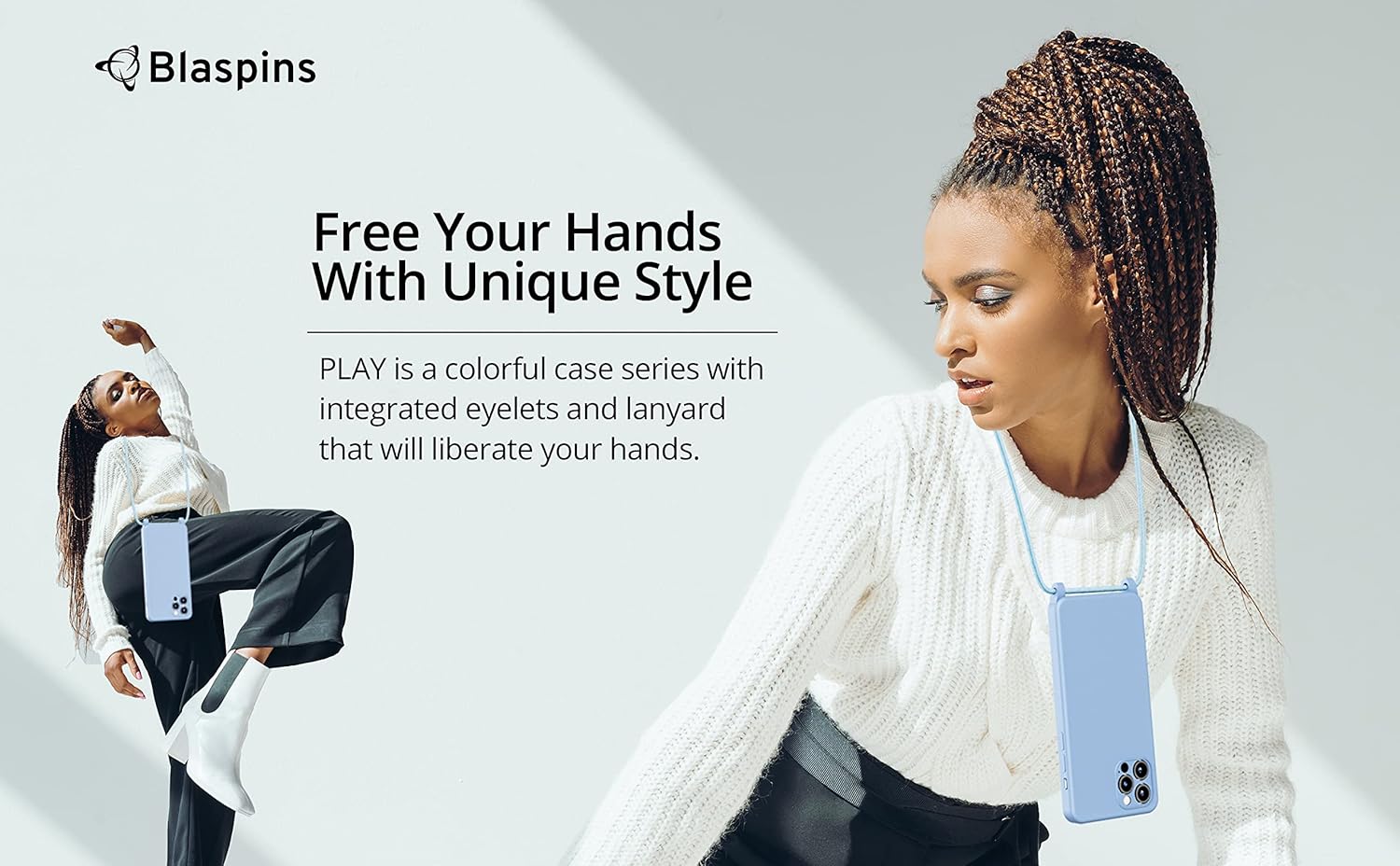 Blaspins Funda de correa cruzada con cordón para iPhone 15 Plus, manos libres, cuello cruzado, cuerda ajustable extraíble, protección contra caídas