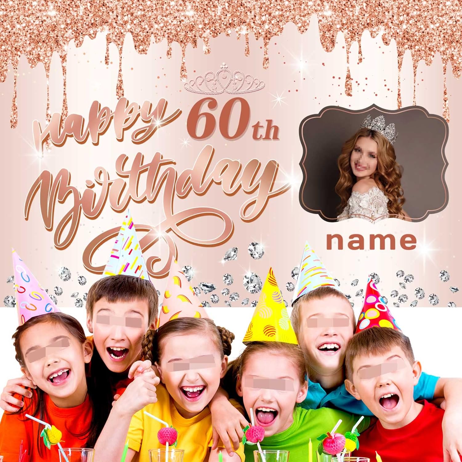 Pancarta personalizable de decoración de feliz cumpleaños número 60, personalizable con nombre y foto