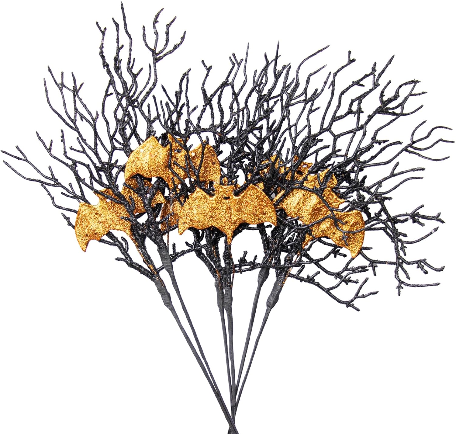 Yawwind Artificial Halloween Picks 17inch Balck Halloween Branches for Vase Gilitter Halloween Stems with Glitter Golden Bat for Table Centerpiece
