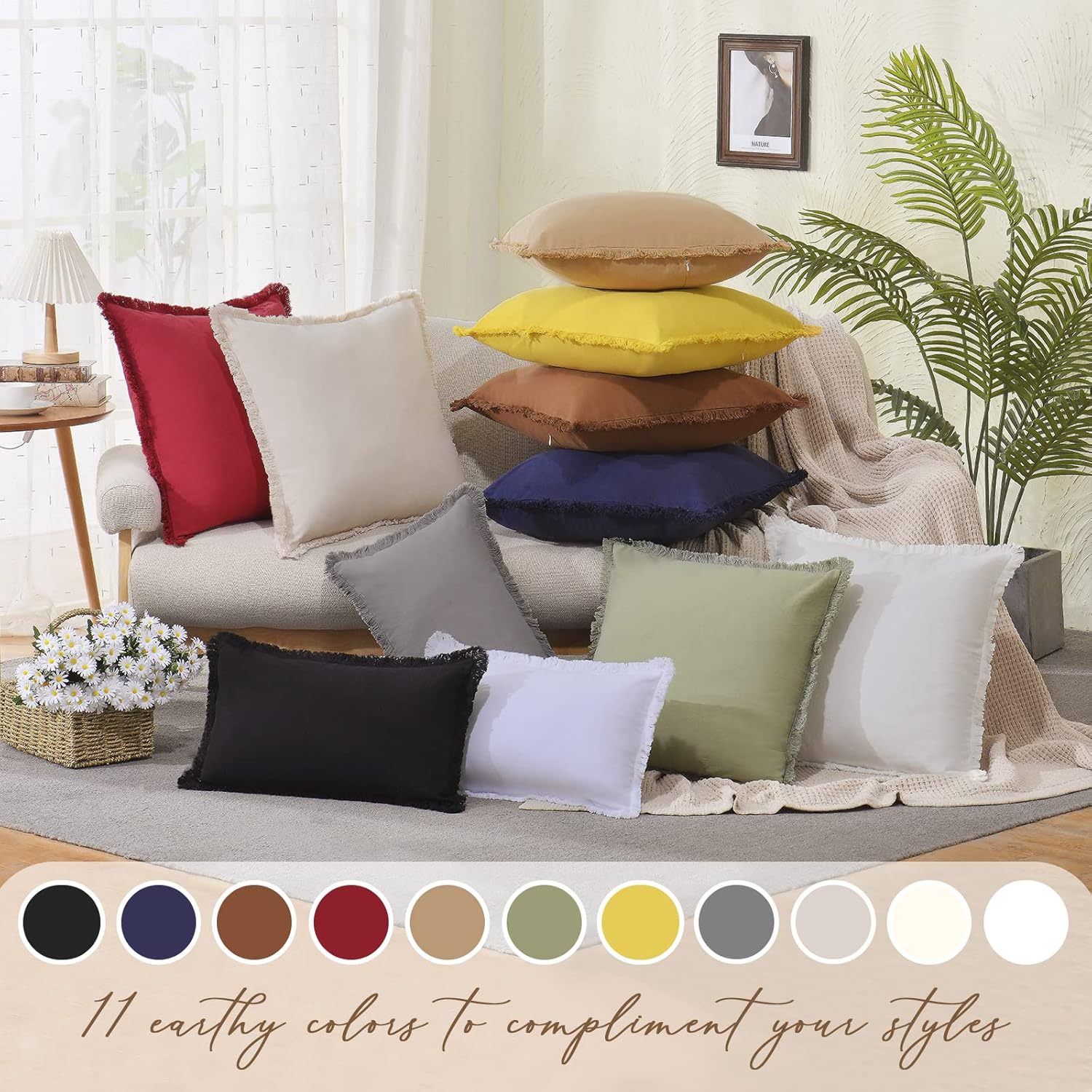 ZWJD Juego de 2 fundas de almohada de 20 x 20 pulgadas, color blanco, con flecos, de algodón, decorativas, cuadradas, para sofá, cama, sala de