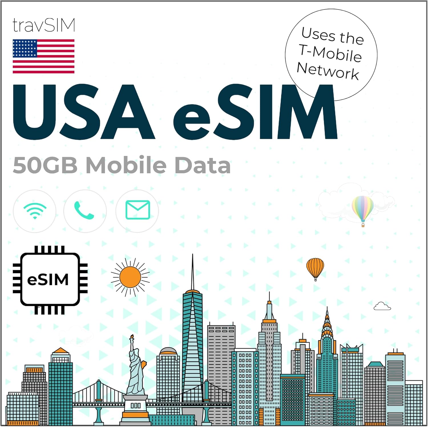 travSIM e SIM Card USA  Red T-Mobile  Datos móviles de 50 GB a velocidades 4G5G  eSIM USA tiene llamadas nacionales ilimitadas y mensajes de texto