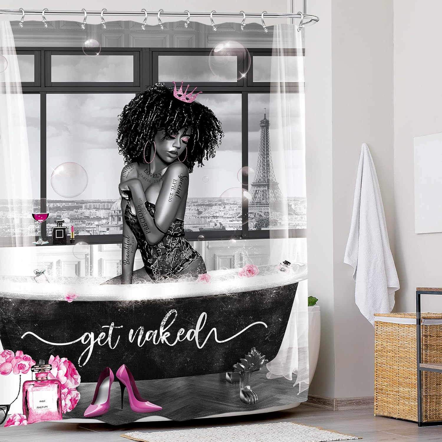 Glawry Cortina de ducha con texto en inglés Get Naked Afro Lady, Get Naked Afroamericana, Afroamericana, romántica escritura, color rosa, tacones