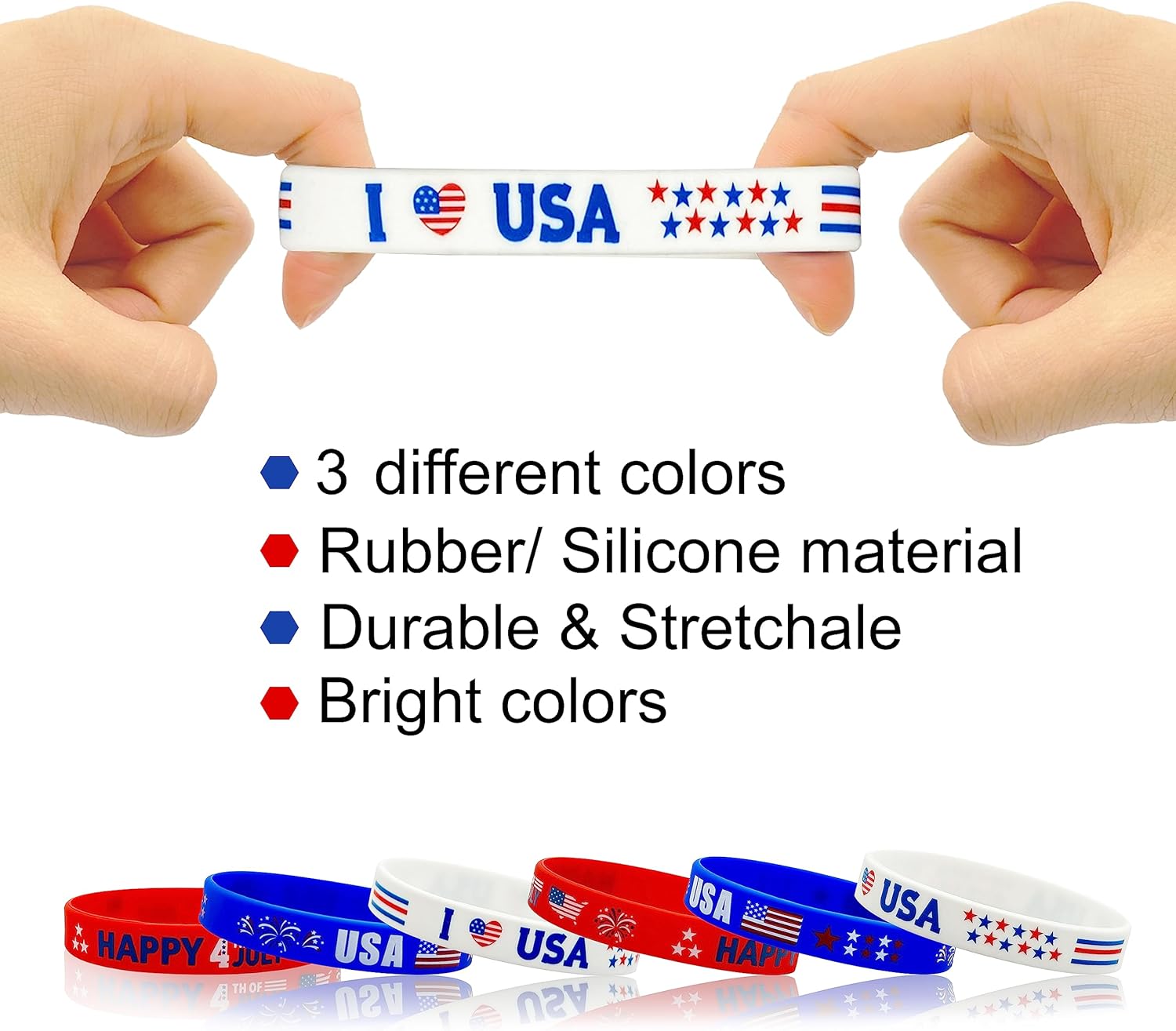 60 piezas de recuerdos de fiesta del 4 y 4 de julio, 30 pulseras de silicona rojas, blancas y azules, pulsera de goma con bandera de Estados Unidos