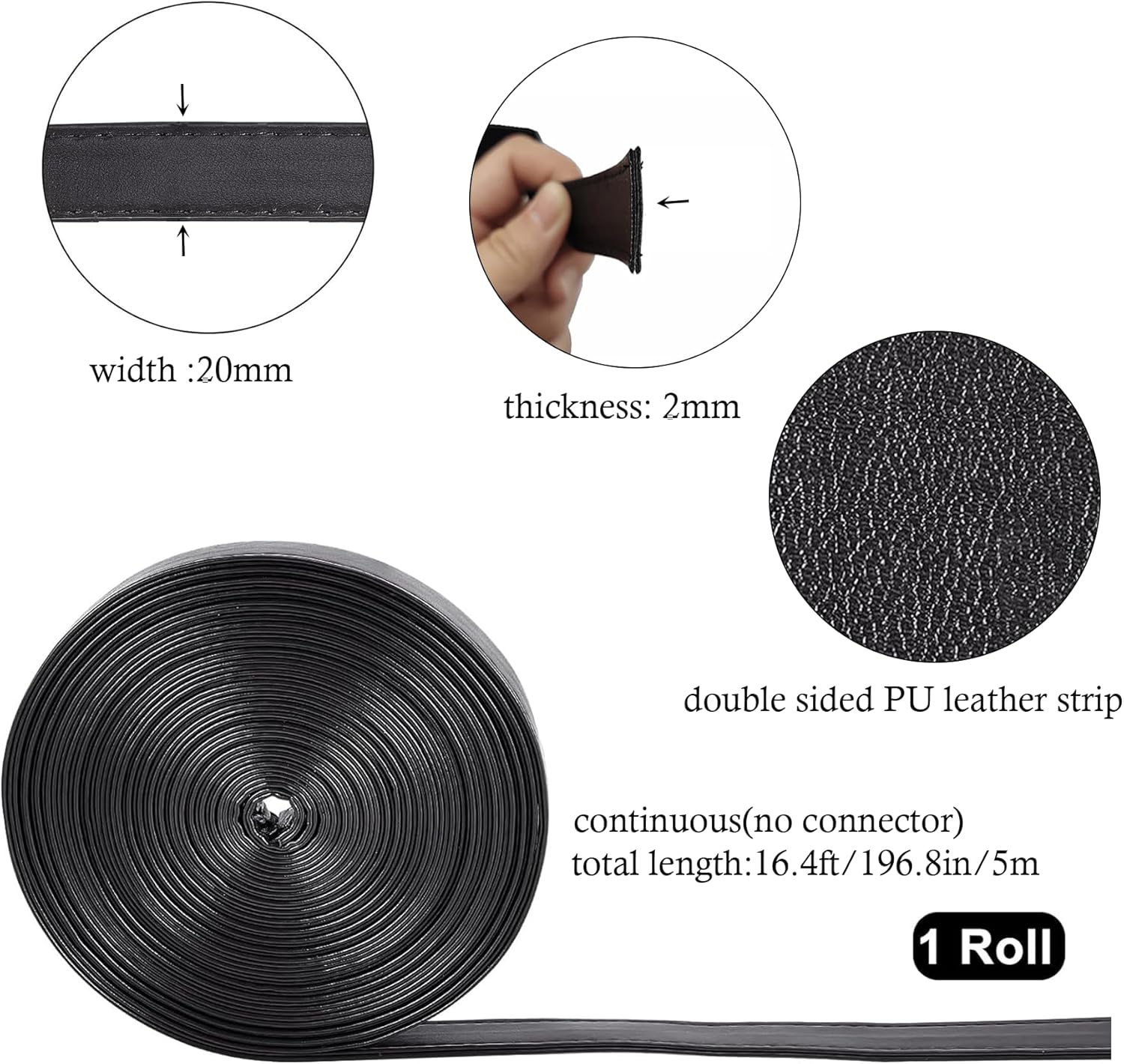 AOUXSEEM Kit de tiras de piel sintética negra de 196 pulgadas de largo (34 pulgadas de ancho) con remaches, botones a presión, rollo constante para