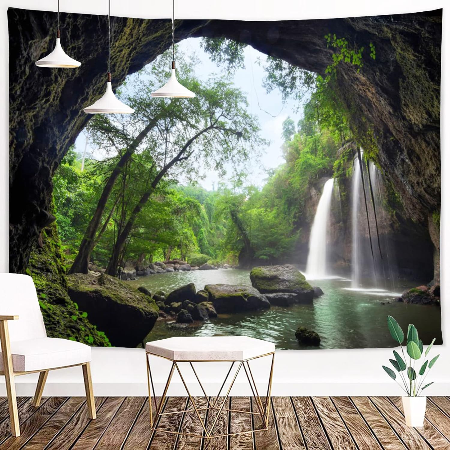 Showutheworld Tapiz verde de paisaje natural, tapiz de selva tropical, tapices de cascada, río, puente de madera, tapiz colgante de pared para sala