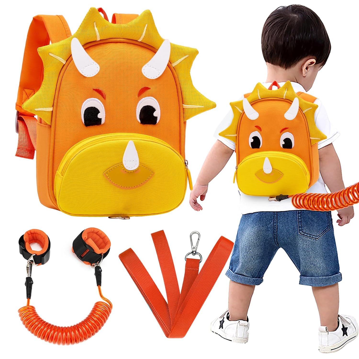 Accmor Arnés para niños y niñas, lindas mochilas de dinosaurio con eslabón de muñeca antipérdida, mochila infantil con correa para bebés niños y