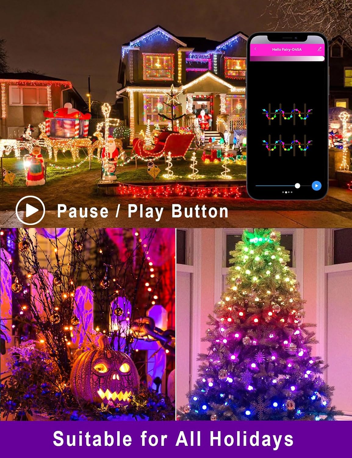 HIITEN Luces de Navidad RGB C9 para exteriores de 79 pies, 100 LED, efectos de persecución de bricolaje, luces de Navidad inteligentes, aplicación