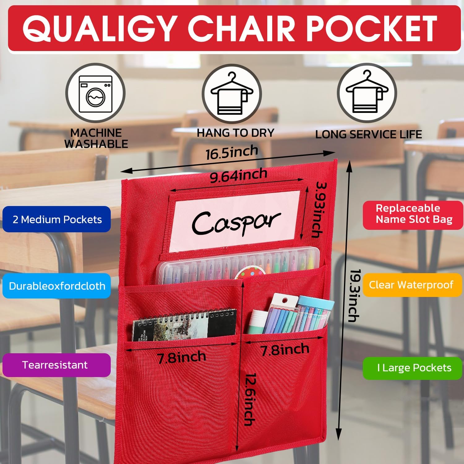 Chairback Buddy – Tabla de bolsillo para silla de estudiante, bolsillos para silla de clase, bolsillos para silla de clase, 1 etiqueta de nombre de