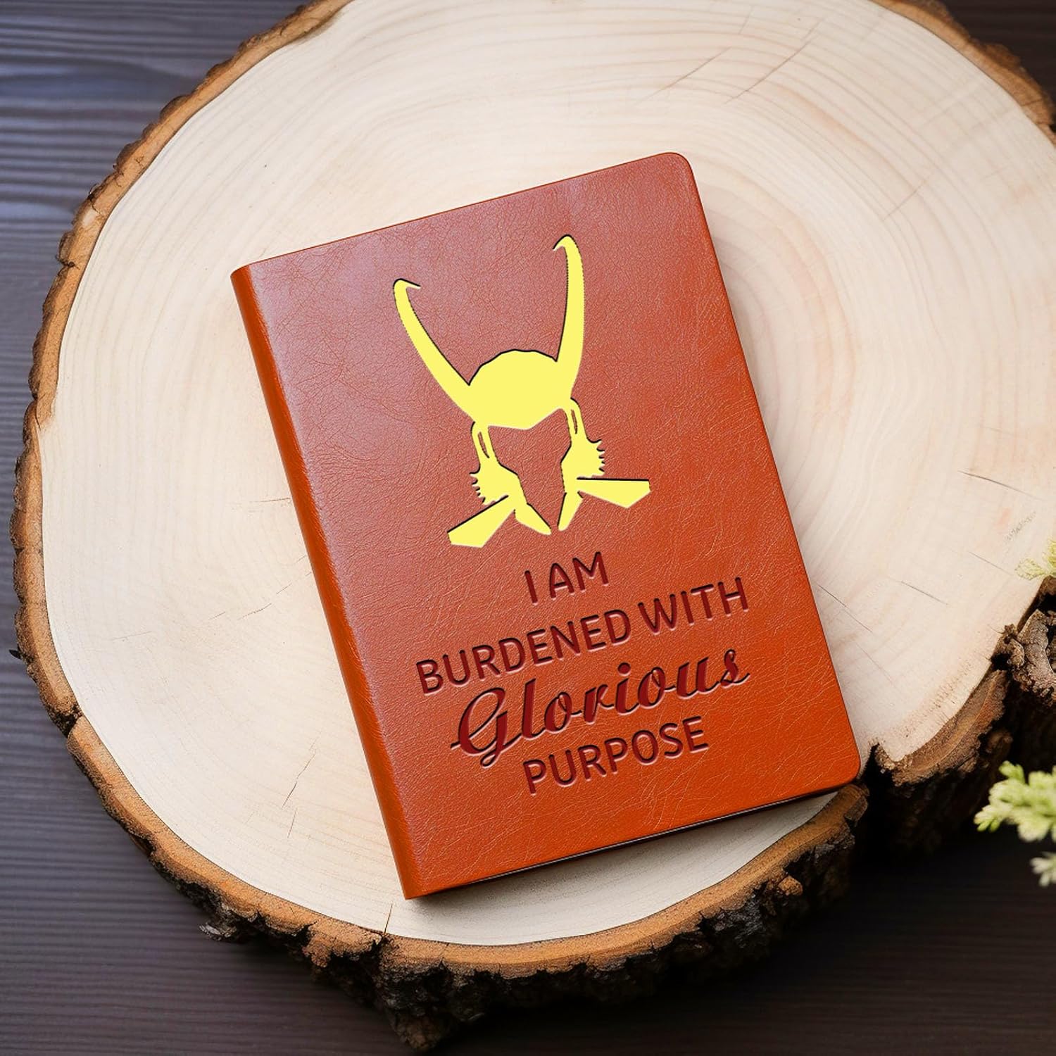 Loki – Cuaderno de cuero con texto en inglés “I Am Burdened With Glorious Purpose Leather Boodened With Glorious Purpose (loki + dorado)