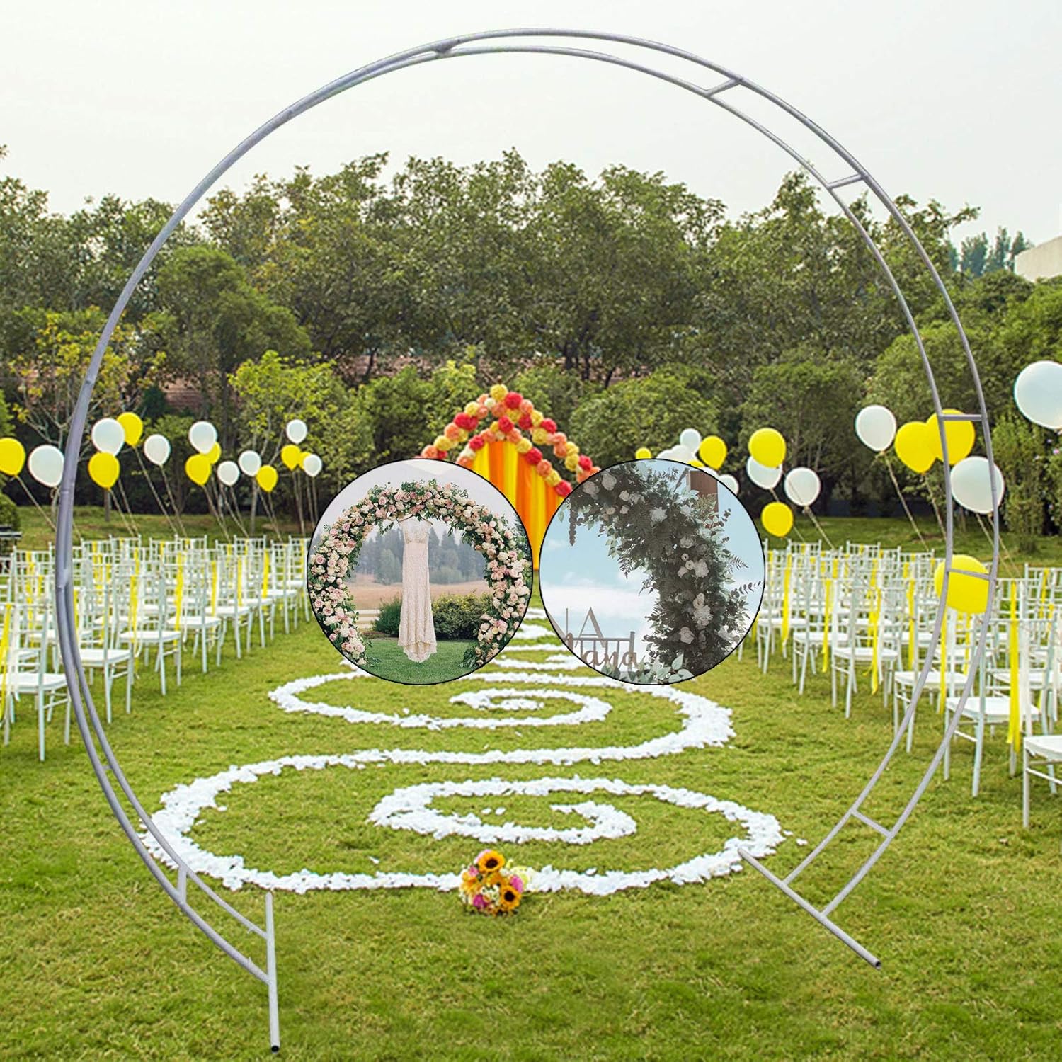Soporte decorativo de fondo circular de boda de 8.9 x 7.5 ft con bases de metal, soporte redondo de metal para cabina de fotos, soporte de arco para
