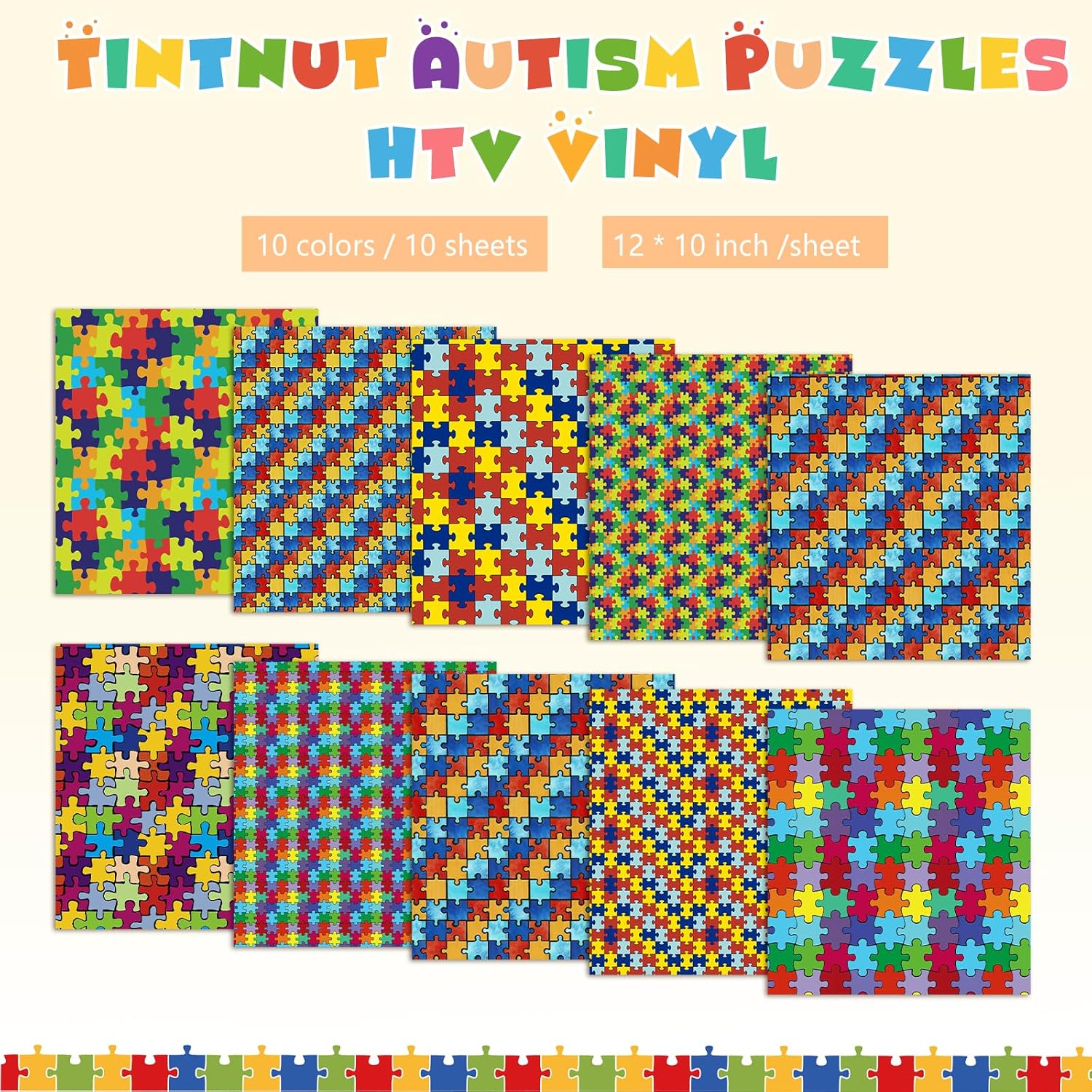 Tintnut Rompecabezas de vinilo de transferencia de calor, 10 hojas de 10 x 12 pulgadas, rompecabezas de conciencia sobre el autismo, cortador de