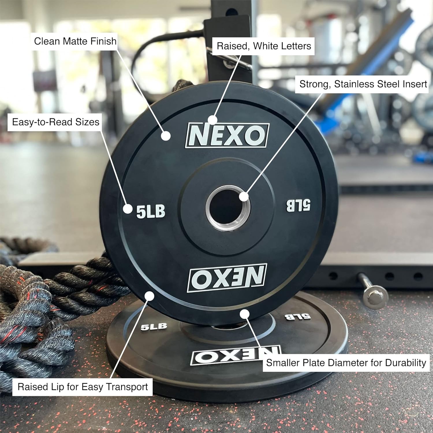 NEXO – Par de discos de goma para parachoques de 5 libras, acabado mate de alta calidad, 2 placas de peso de entrenamiento cruzado de 5 libras