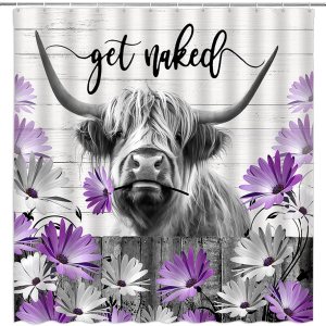 Highland – Cortina de ducha de vaca rústica, animal de granja, ganado, morado, floral, margarita, flores, tablero de madera, cortina retro gris para Highland – Cortina de ducha de vaca rústica, animal de granja, ganado, morado, floral, margarita, flores, tablero de madera, cortina retro gris para
