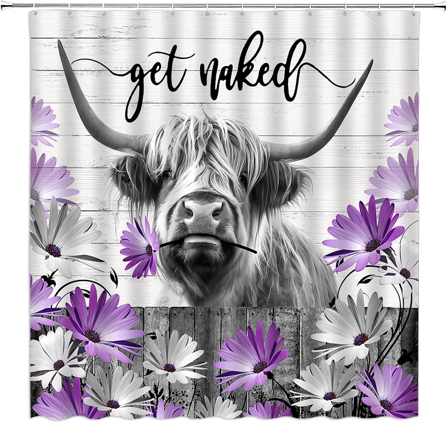 Highland – Cortina de ducha de vaca rústica, animal de granja, ganado, morado, floral, margarita, flores, tablero de madera, cortina retro gris para