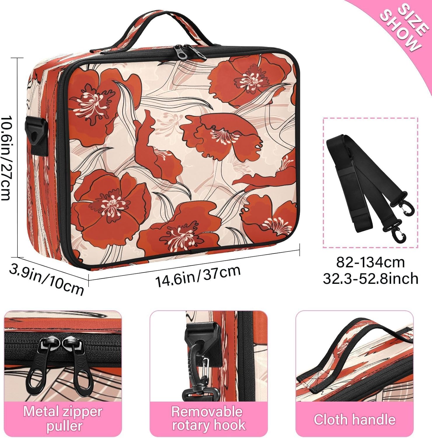 Zathe Painting Red Flower cosmetic bag with handles bag travel toiletry opening makeup bag makeup storage organizer bolso para cosmeticos for women