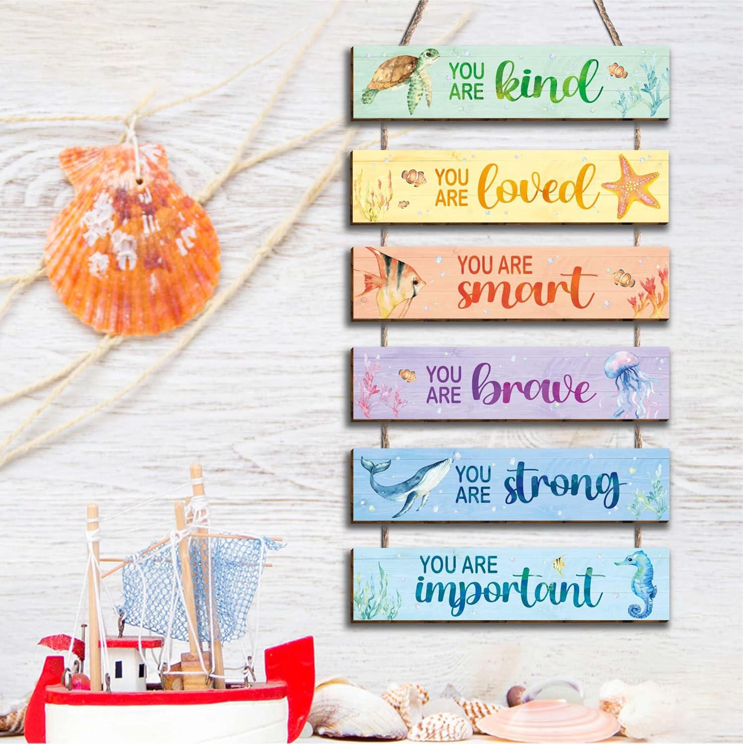6 piezas de decoración de océano para habitación de niños, letrero colgante con acuarela, océano, citas positivas inspiradoras, decoración de pared