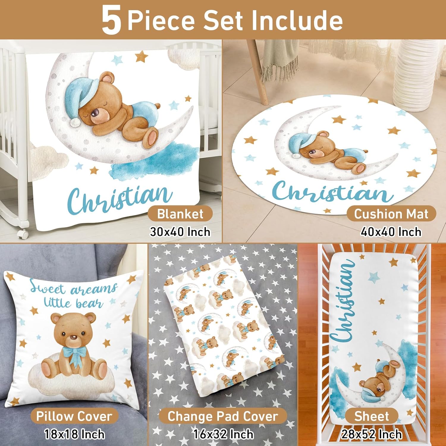 Juego de ropa de cama personalizado para cuna juego de guardería con nombre personalizado y tema impreso, juego de cuna de 5 piezas suave y seguro
