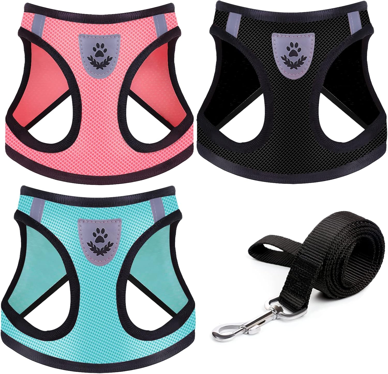 Juego de 4 piezas de arnés y correa para perro, suave y transpirable, arnés para perro sin tirones con bandas reflectantes, arnés ajustable para