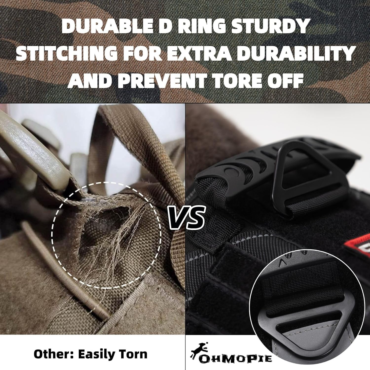 Ohmopie Arnés táctico para perro mediano y grande, arnés ajustable con clip trasero y clip frontal, hebilla de metal resistente, chaleco Molle con