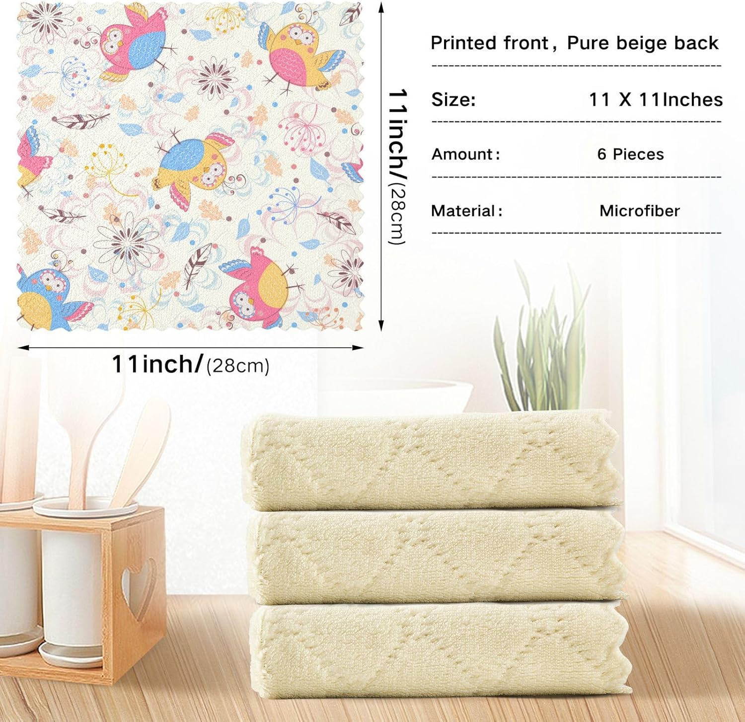 Birds Flowers Vintage Soft Decor Kitchen Towels and Dishcloths Quick Dry Set of 6 Microfiber Towel for Countertop Table