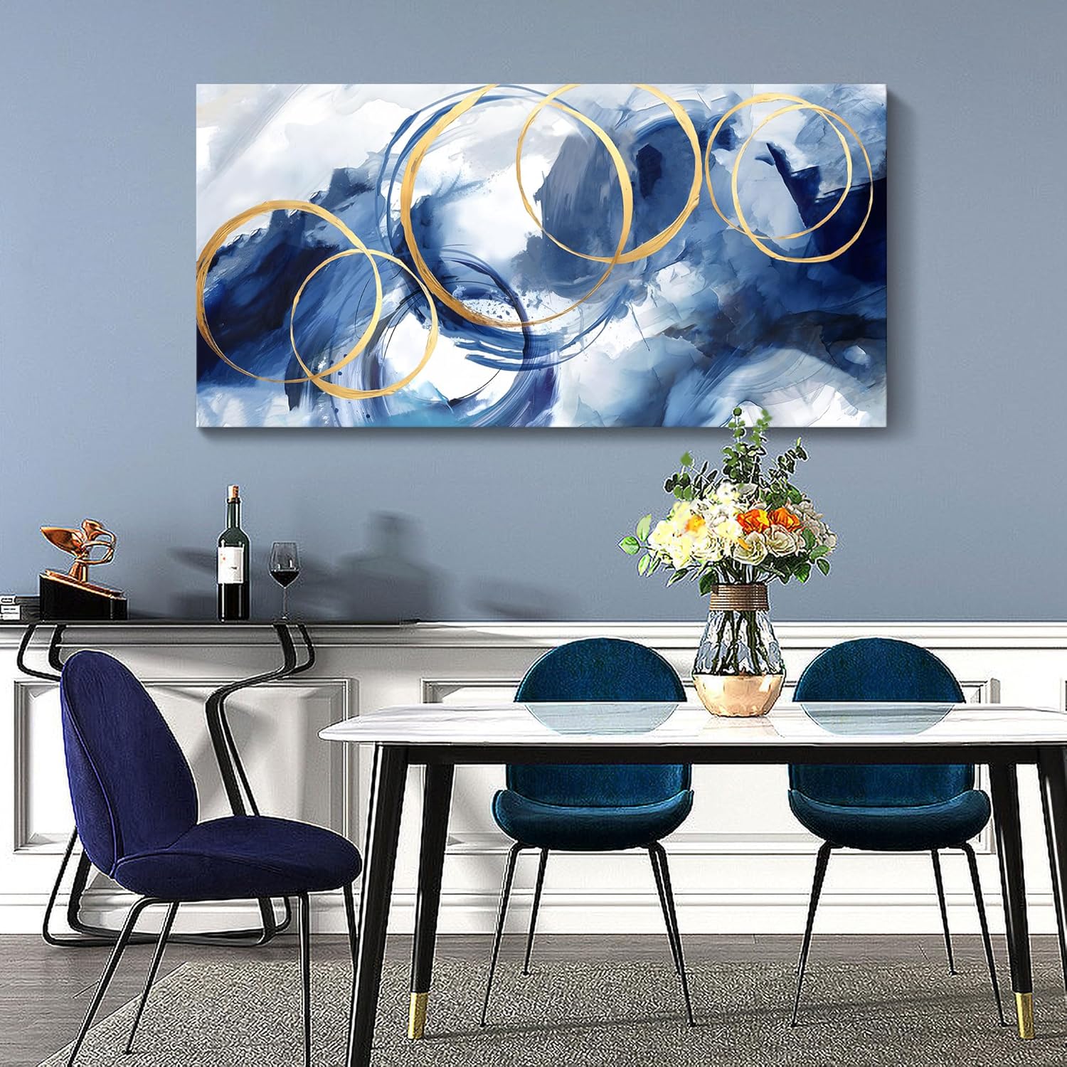 AJAZIKO Arte abstracto para pared, arte moderno azul, para decoración de pared, sala de estar, enorme lienzo de pared, cuadros de oficina, para