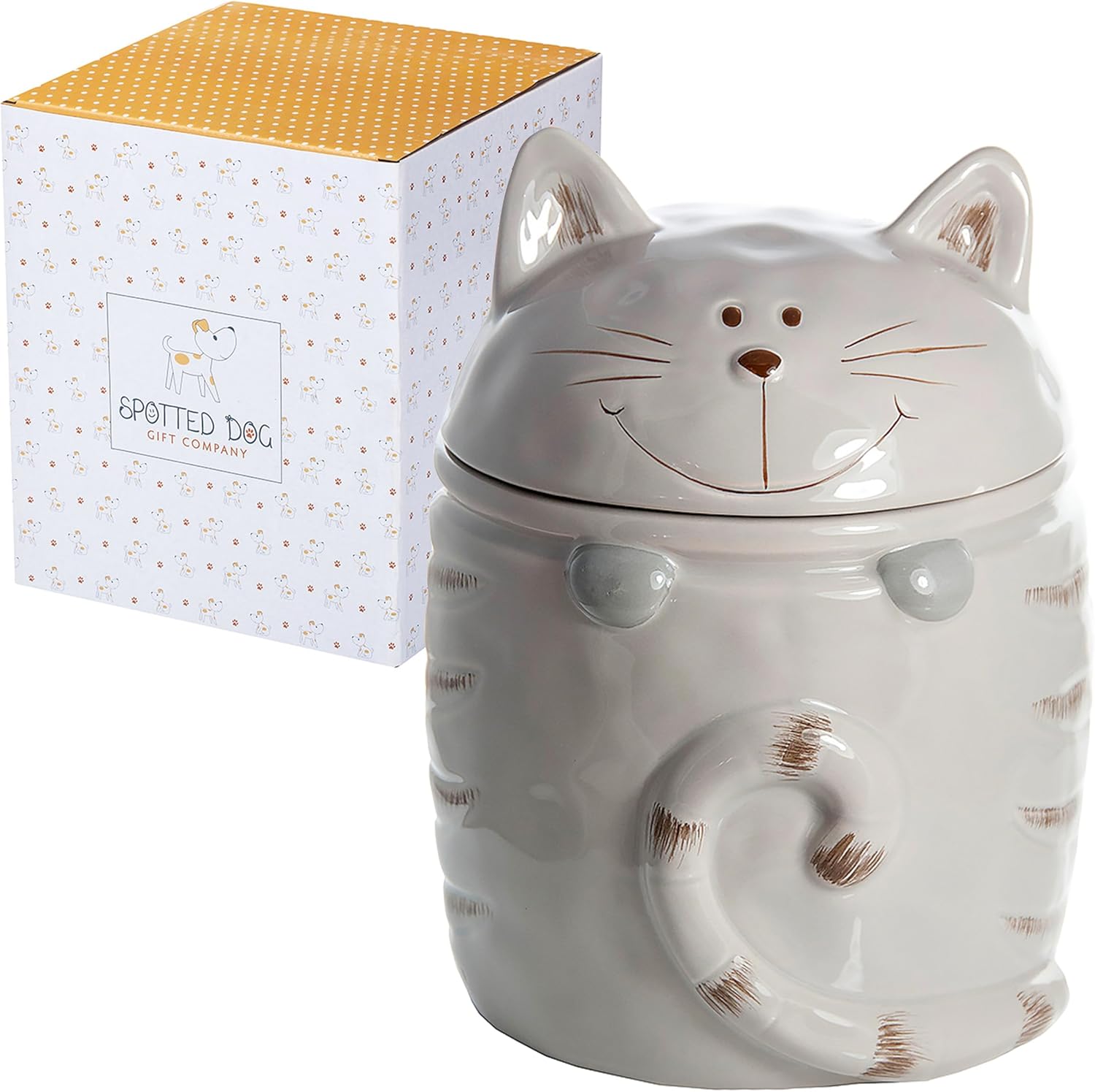 SPOTTED DOG GIFT COMPANY Tarro de galletas para gatos con tapa, recipiente de cocina de cerámica para encimera, lindo recipiente de almacenamiento