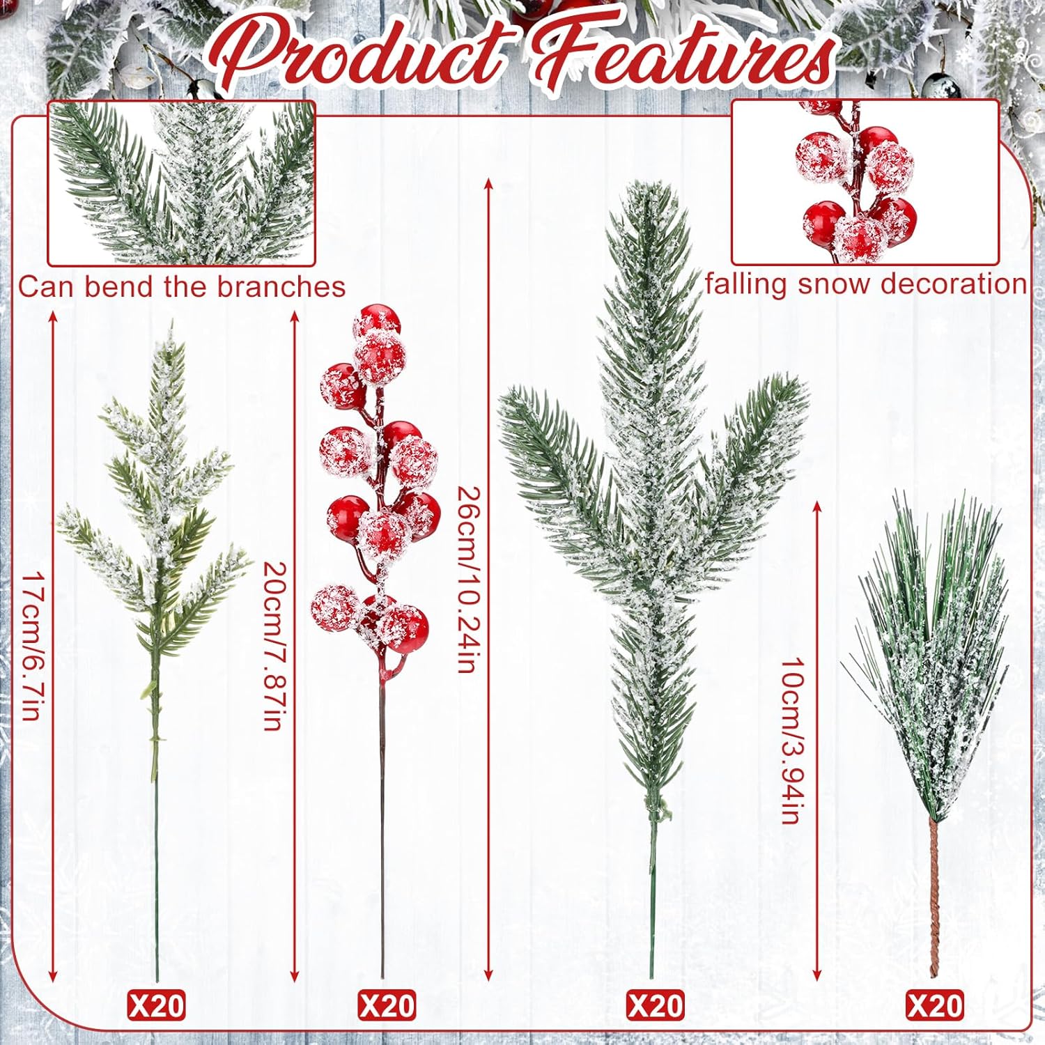 Lyrow 80 piezas de palillos artificiales de pino nevado de Navidad, tallos artificiales de bayas rojas, ramas de pino de cedro sintético, ramas para