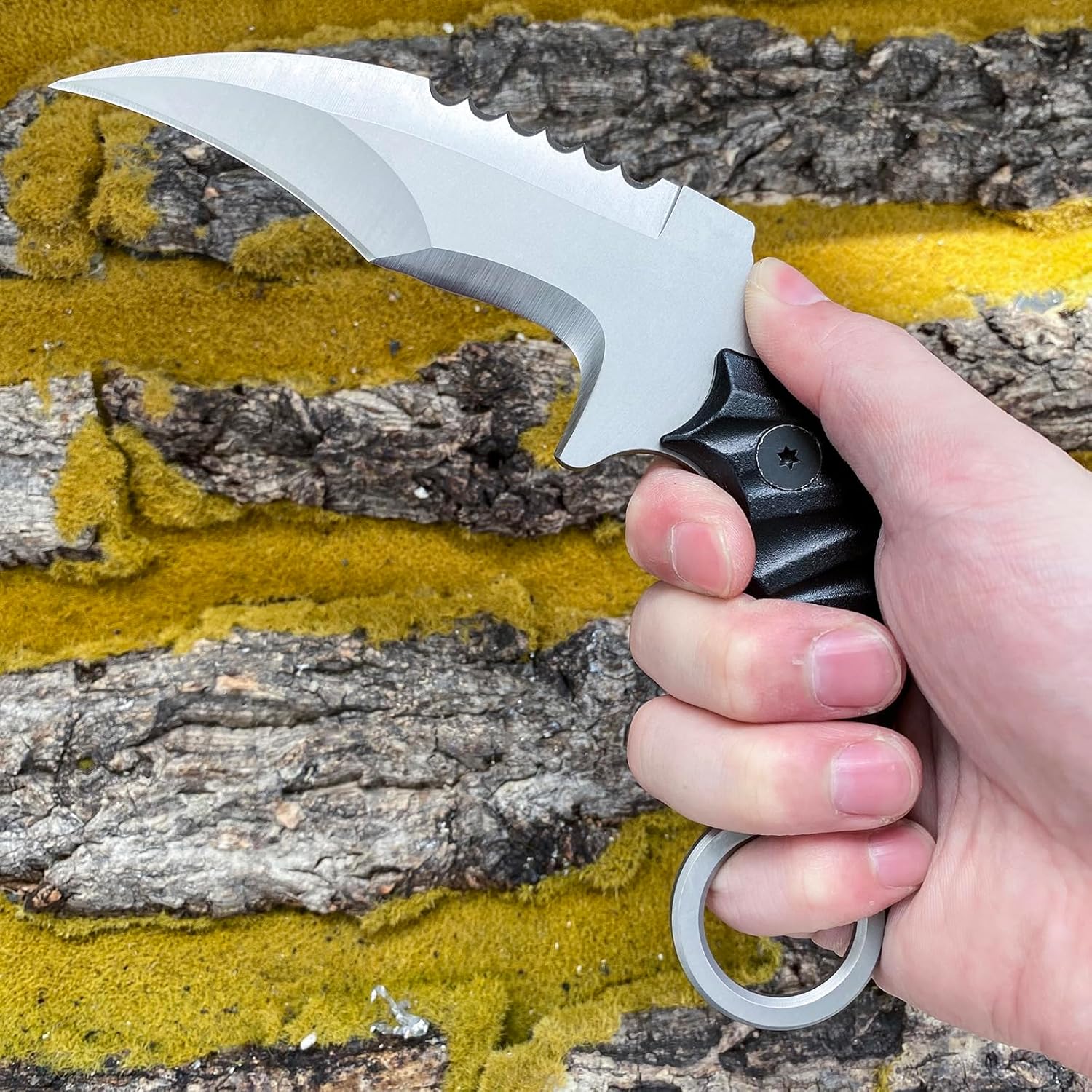 HOLYEDGE Cuchillos de hoja fija de acero D2 semidentados, cuchillo táctico de supervivencia con mango G10 y funda Kydex, herramientas de caza para