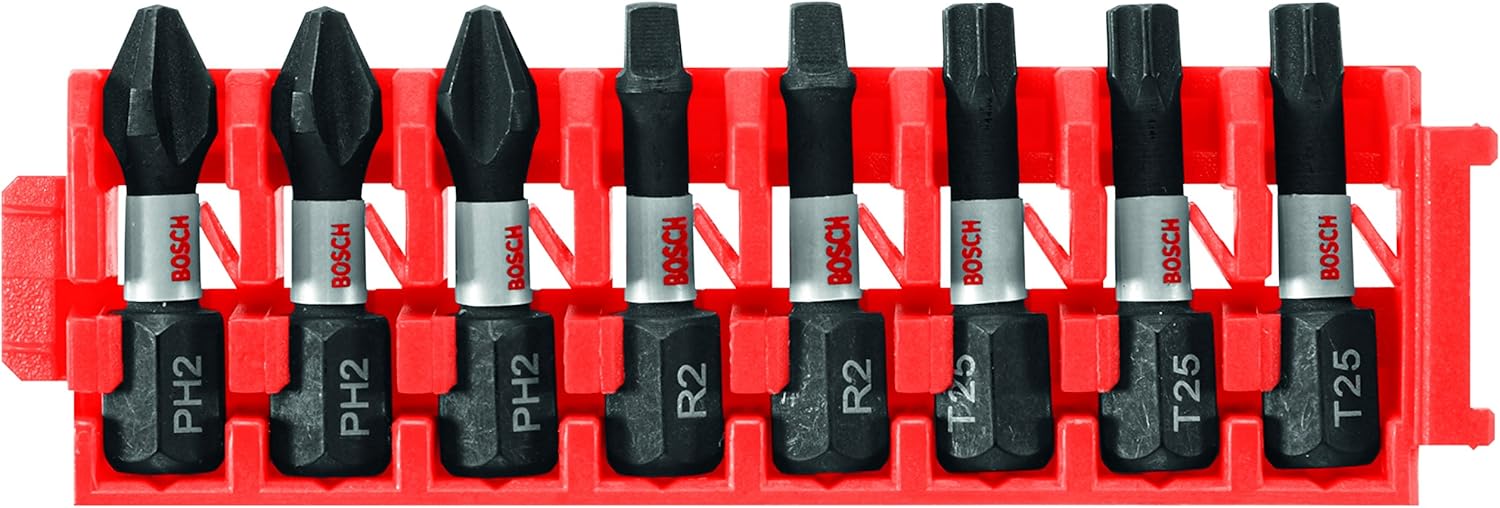 BOSCH CCSV108 – Juego surtido de 8 piezas de 1 pulgada (2 unidades) Phillips resistentes al impacto, cuadrado y Torx con clip para sistema de caja