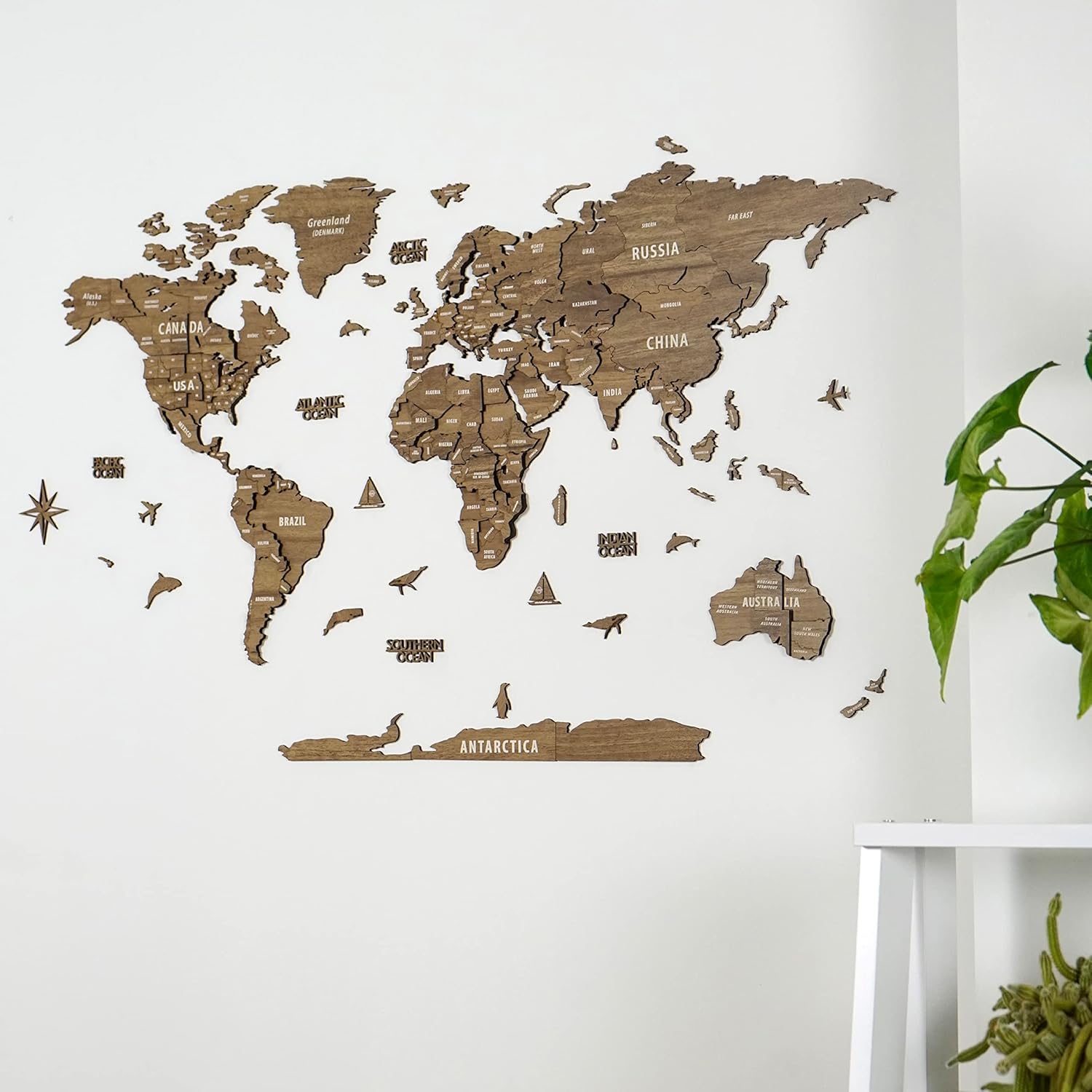 Mapa del mundo de madera 3D multicapa, mapa de viaje con estados y capitales, decoración de pared para la nueva casa, regalo para viajeros,