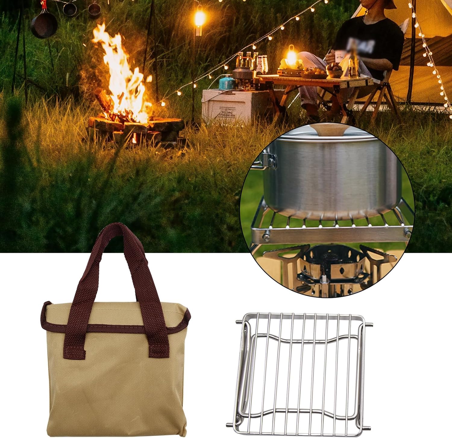 Parrilla plegable para fogata, parrilla portátil para acampar con patas plegables, rejilla de acero inoxidable 304 para estufa de gas con bolsa de