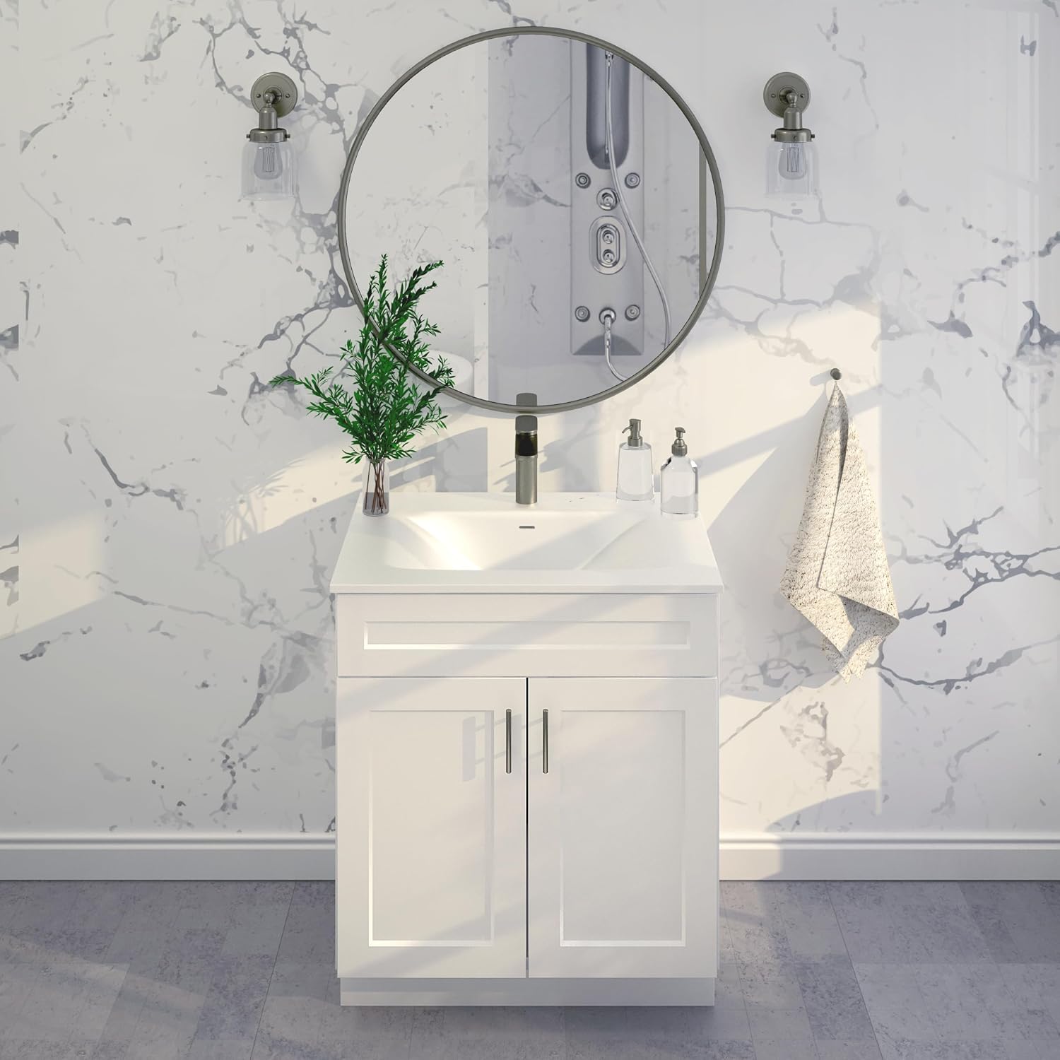 Lavabo de baño blanco con base de coctelera de 24″30″36″ de ancho, armario listo para montar (30″ de ancho)