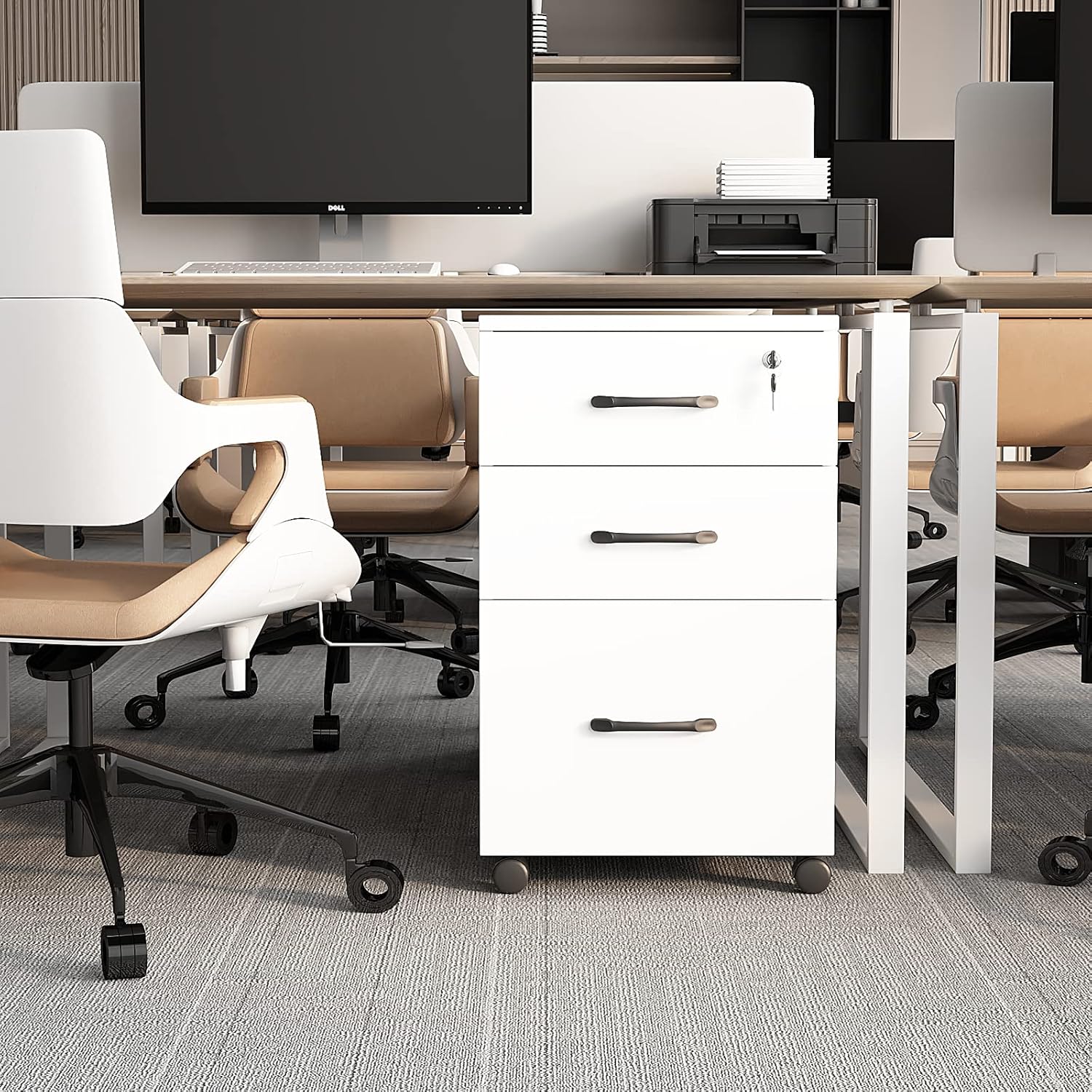 Archivador móvil de 3 cajones con cerradura, gabinete de llenado vertical blanco sobre ruedas, pequeño archivador rodante, gabinete debajo del