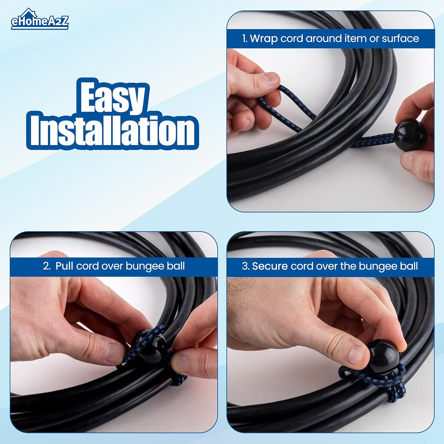 eHomeA2Z Paquete de 50 bungee de bolas de 9 pulgadas, color negroazul, resistente a la intemperie, 0.197 in de grosor para camping, lona, tienda de