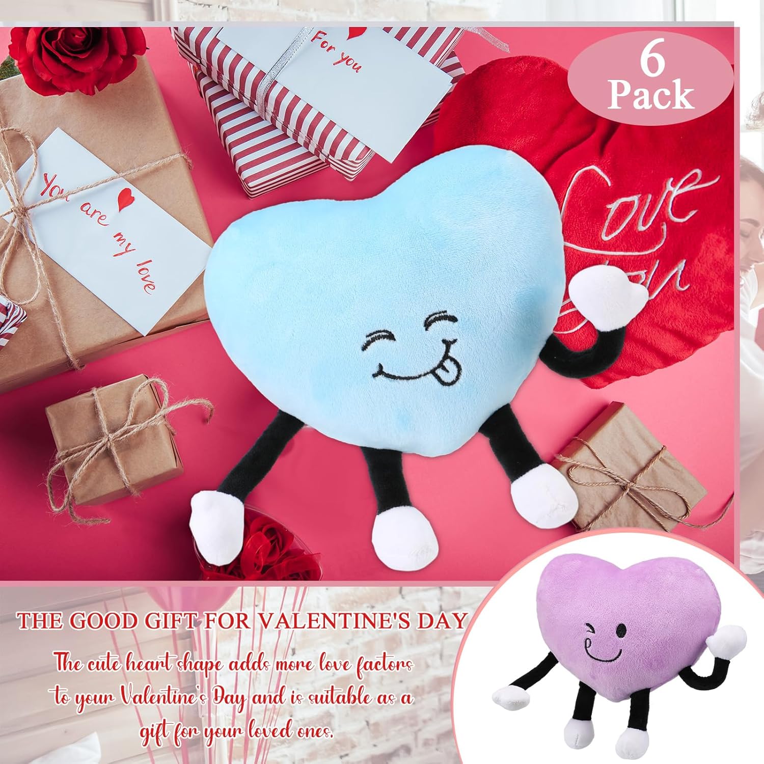 6 piezas de peluche de corazón con patas, almohada en forma de corazón de 9 pulgadas, regalo de animal de peluche de corazón para bebés, niñas,