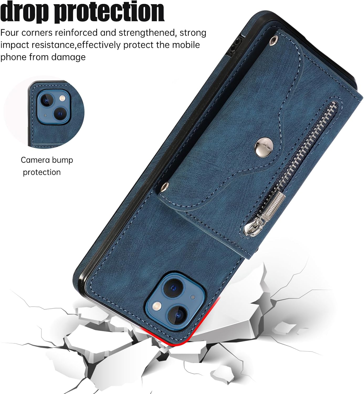Funda de teléfono para iPhone 13 de 6.1 pulgadas con protector de pantalla de vidrio templado, correa cruzada para muñeca, soporte para tarjeta de