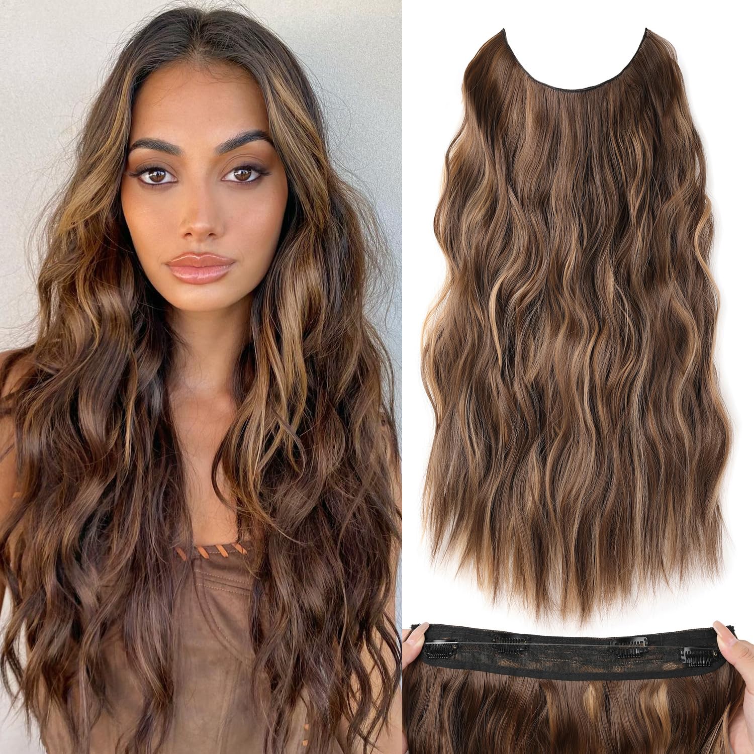 Extensiones de cabello tipo halo de 20 pulgadas, con alambre invisible, largo, ondulado, extensiones de cabello castaño para mujer, tamaño