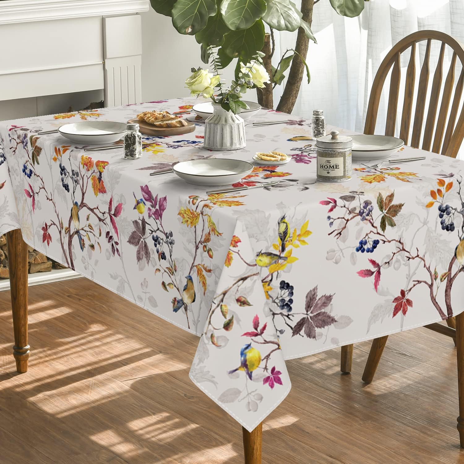 Horaldaily Mantel de otoño de 60 x 84 pulgadas, decoración de mesa de Acción de Gracias, cosecha de otoño, acuarela, pájaros, árboles, para fiesta,