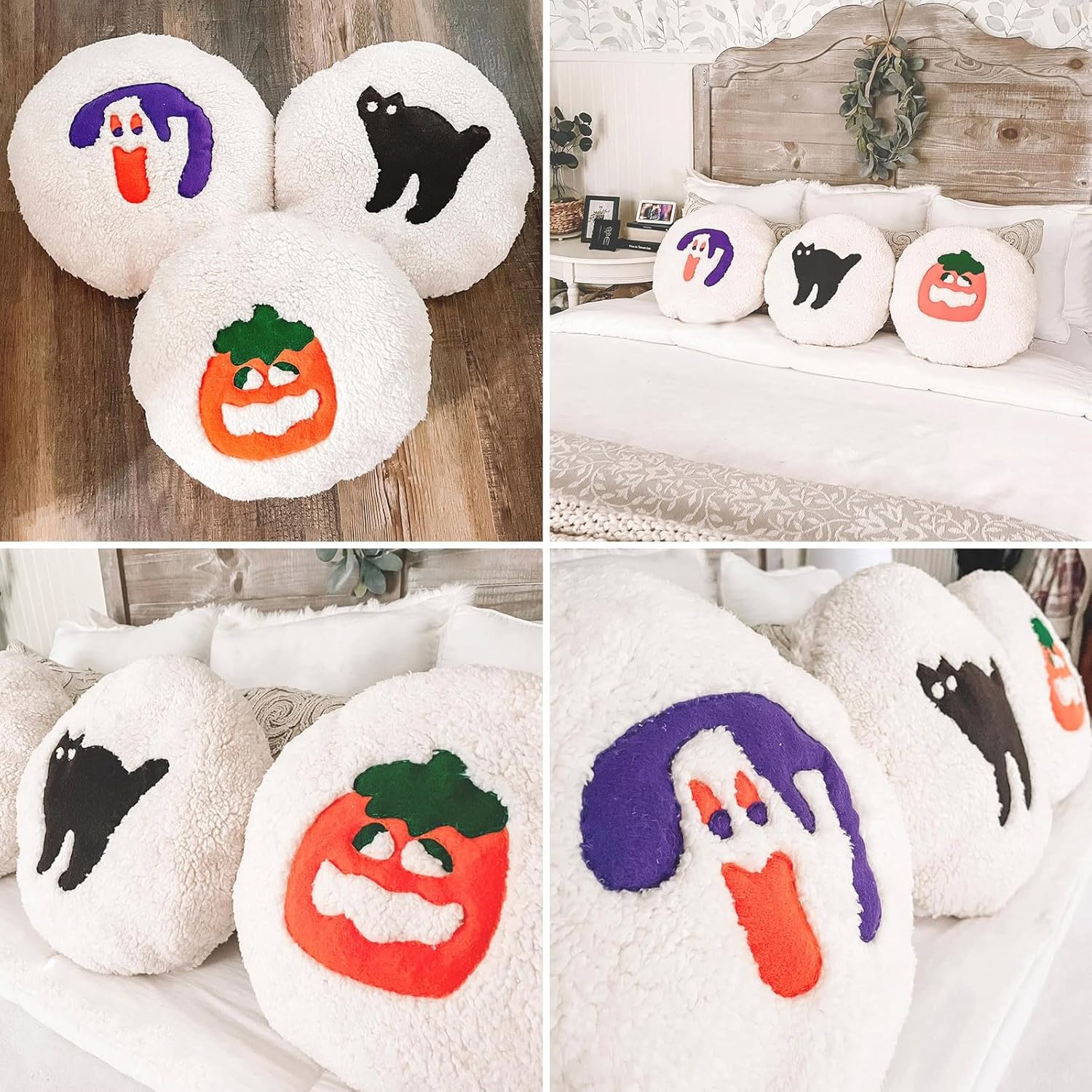 Almohada de galletas de Halloween, 1 unidad, almohada decorativa para sofá, cojín de peluche con forma de calabaza y gato, cojín de felpa peluda