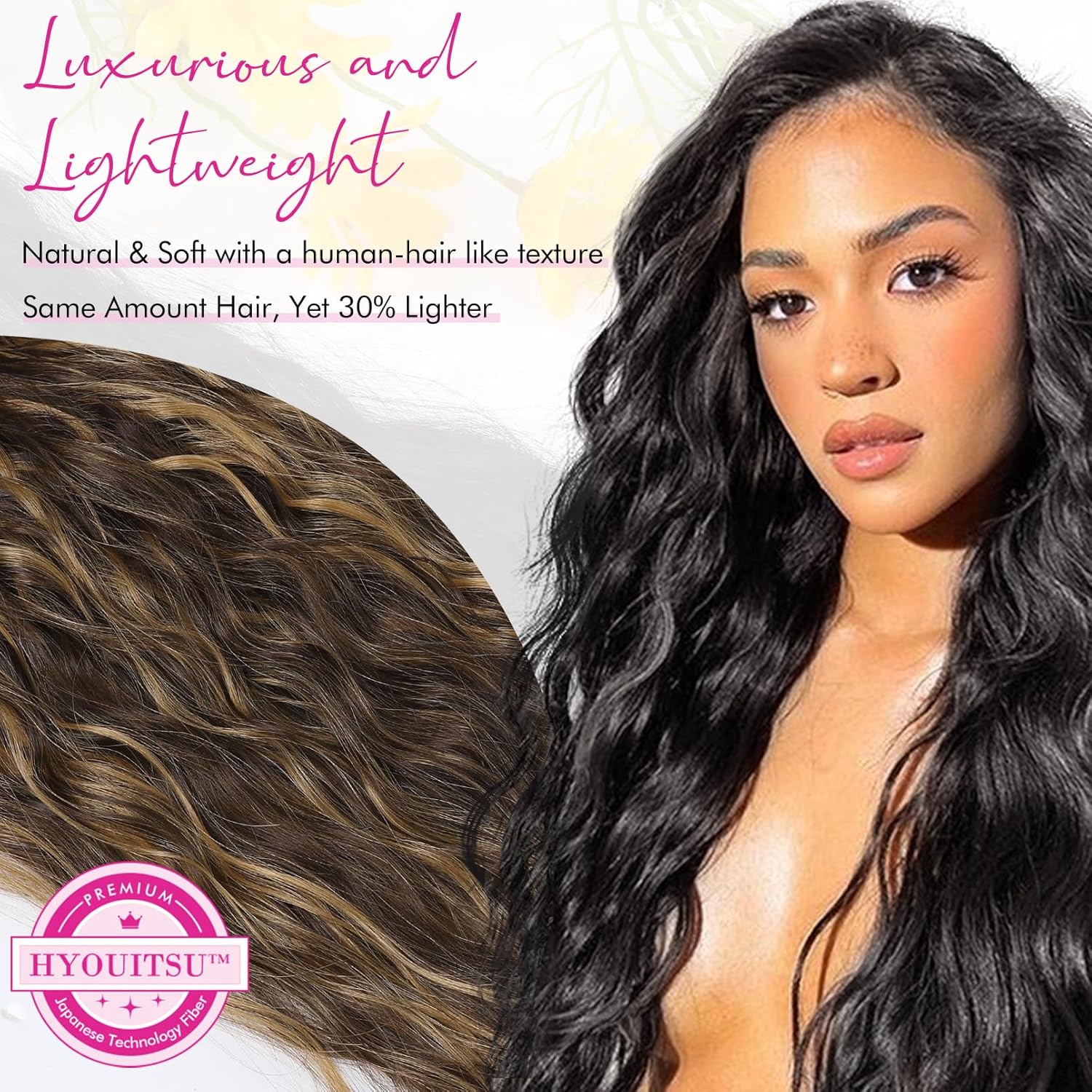 REECHO HYOUITSU HE009 – 9 extensiones de cabello con clip, 24 pulgadas de grosor, largo, largo, con ondas de sirena, lujosas, ligeras, tecnología