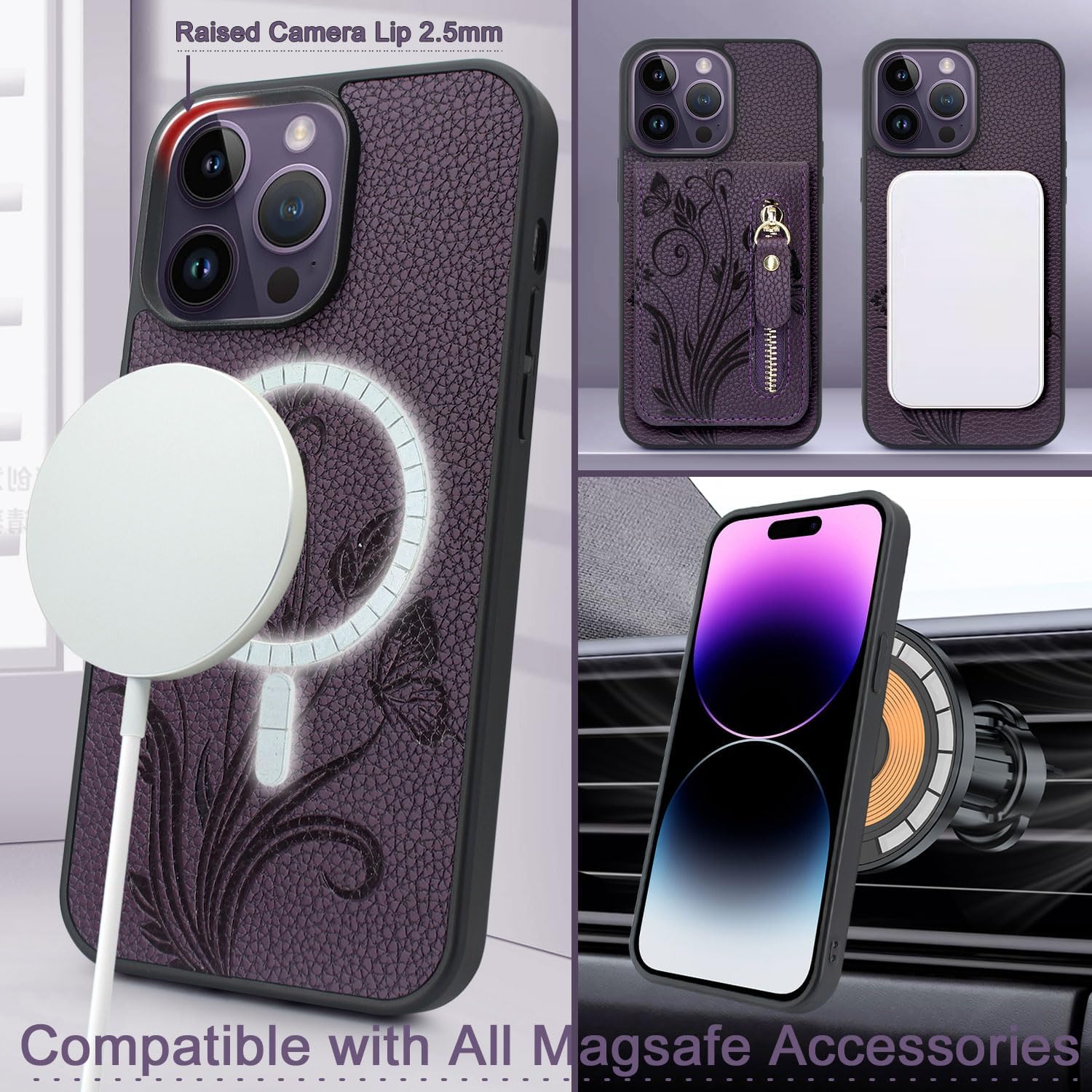 Lacass Funda compatible con MagSafe Case Wallet para iPhone 15 Pro de 6.1 pulgadas, tarjetero magnético desmontable con cremallera (floral morado
