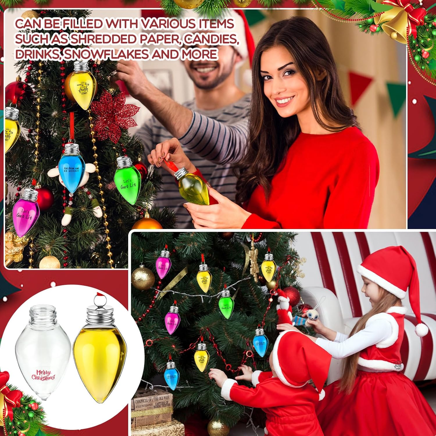 30 bolas de bebida de Navidad, adornos de vidrio de chupito, adornos de plástico rellenables para botellas de agua de Navidad transparentes,