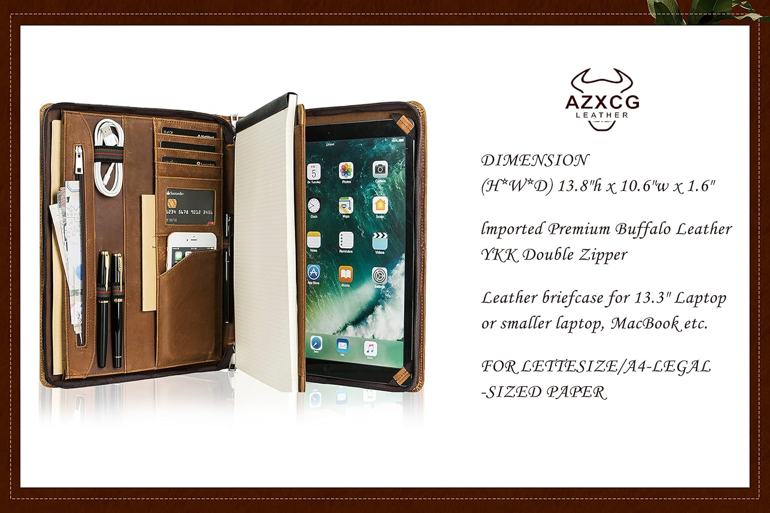AZXCG Portafolio organizador de cuero para hombres, folio profesional con soporte para bloc de notas A4Legal, cartera con cremallera para currículum